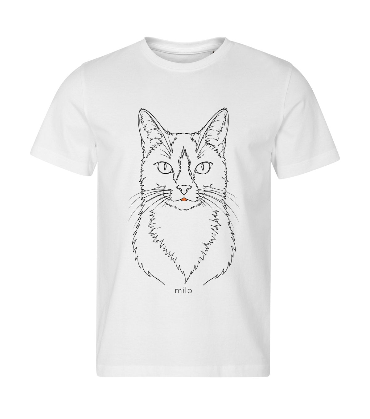 Line Art · Long-Haired Cat – men white t-shirt with a cat portrait