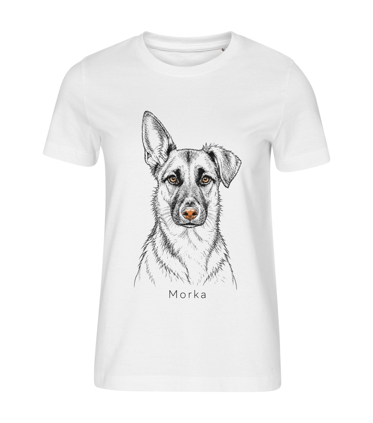 Line Art Portrait – women white t-shirt with a dog portrait