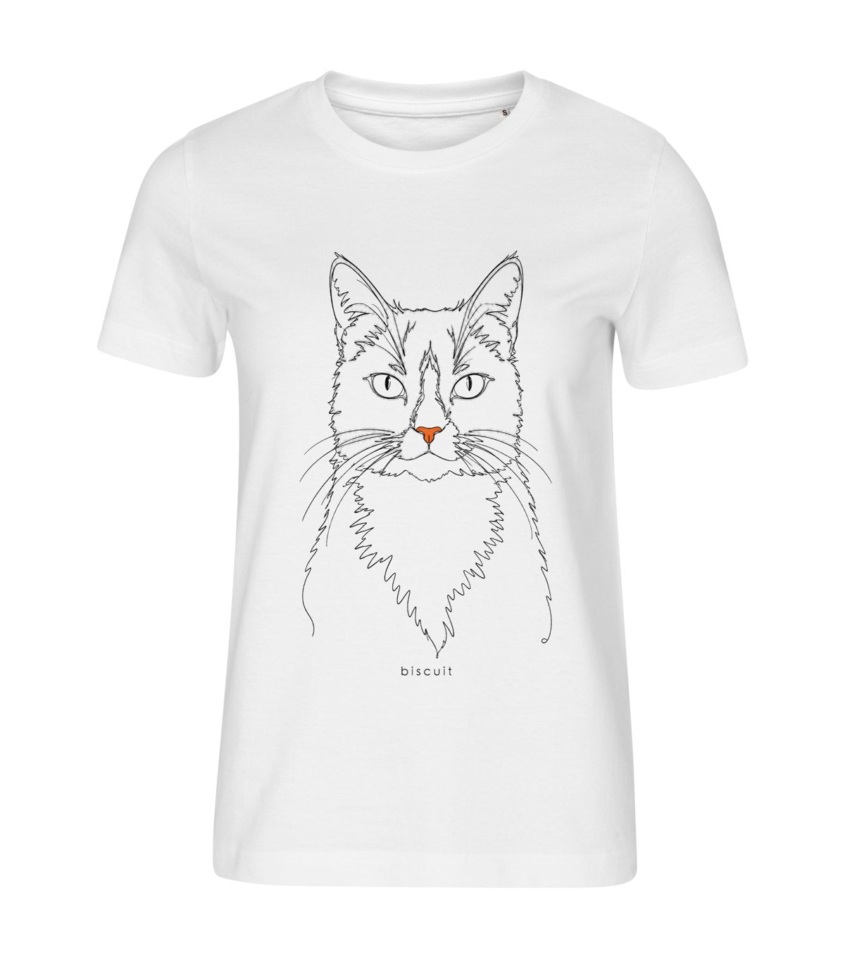 Line Art · Tuxedo Cat – women white t-shirt with a cat portrait