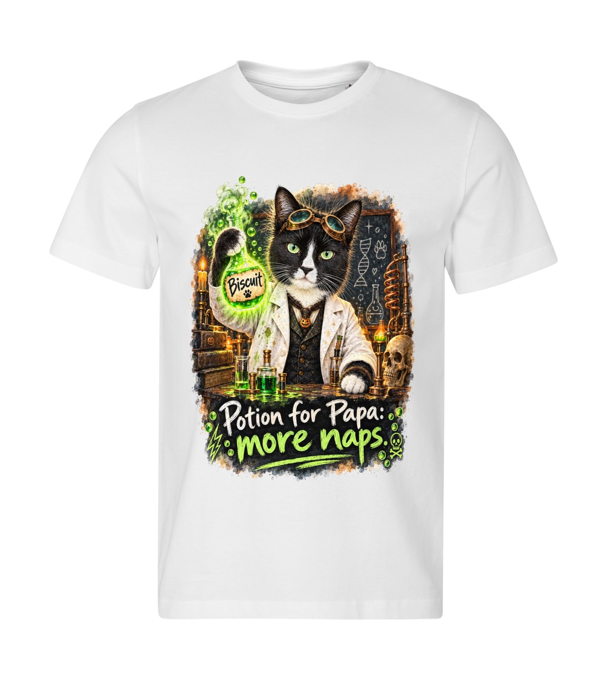 Mad Scientist – men white t-shirt with a cat portrait