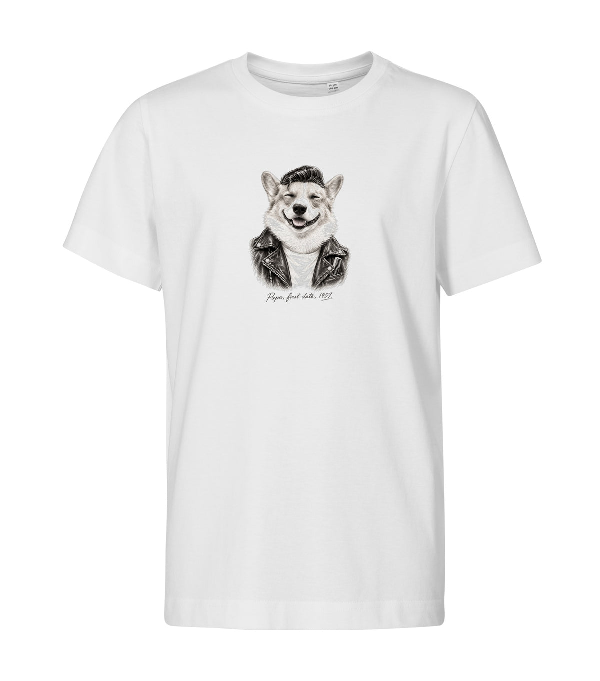 White kids t-shirt with a custom charcoal sketch dog portrait