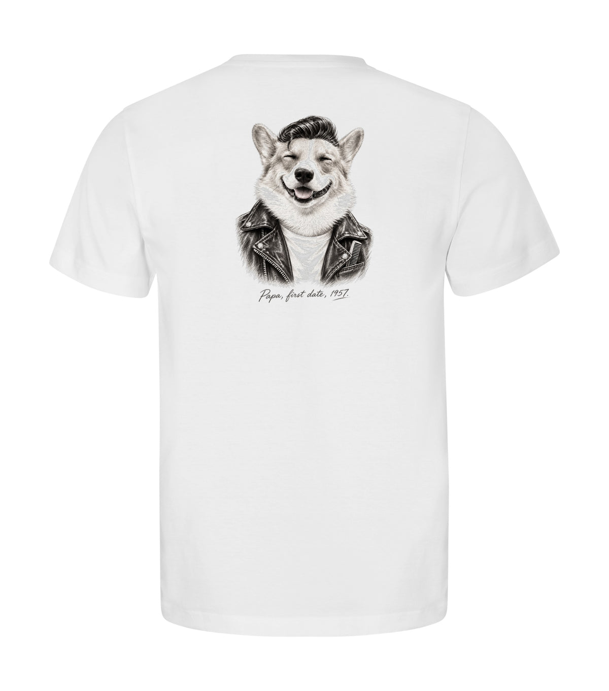 Back of the white tee, portrait printed on the back