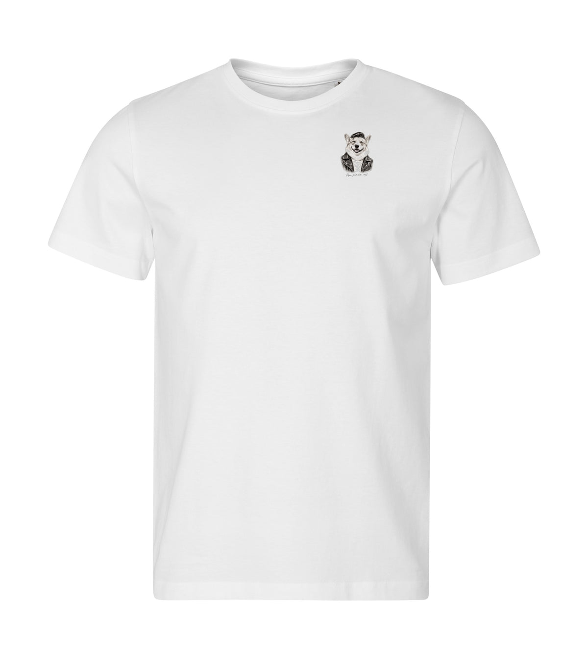 Small chest print option on the white tee