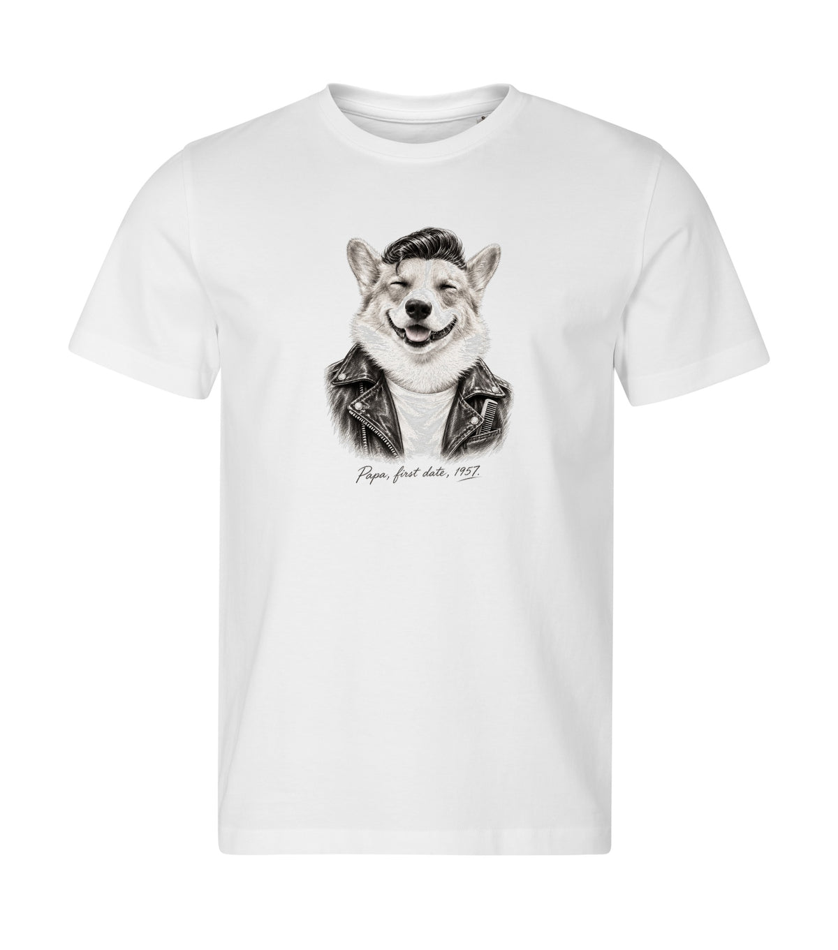 White men's t-shirt with a custom charcoal sketch dog portrait (The Greaser)