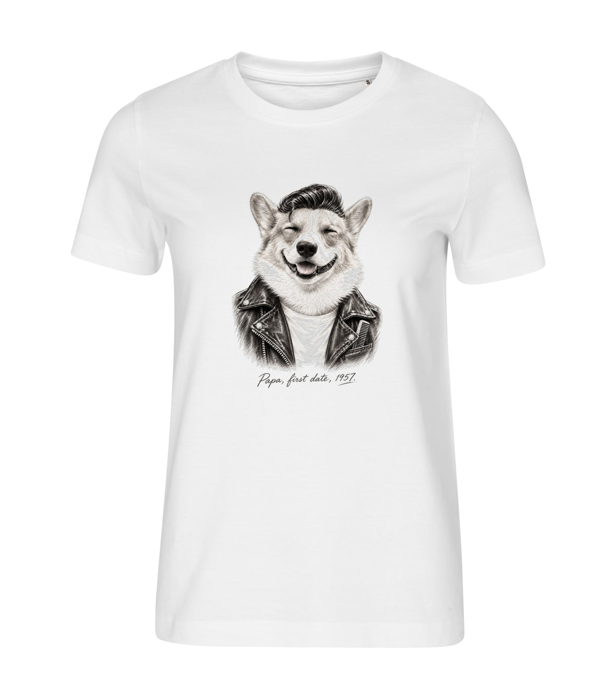 White women's t-shirt with a custom charcoal sketch dog portrait