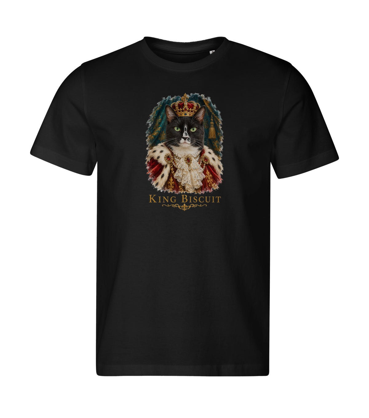 Black men's t-shirt with a custom royal cat portrait (King Biscuit)