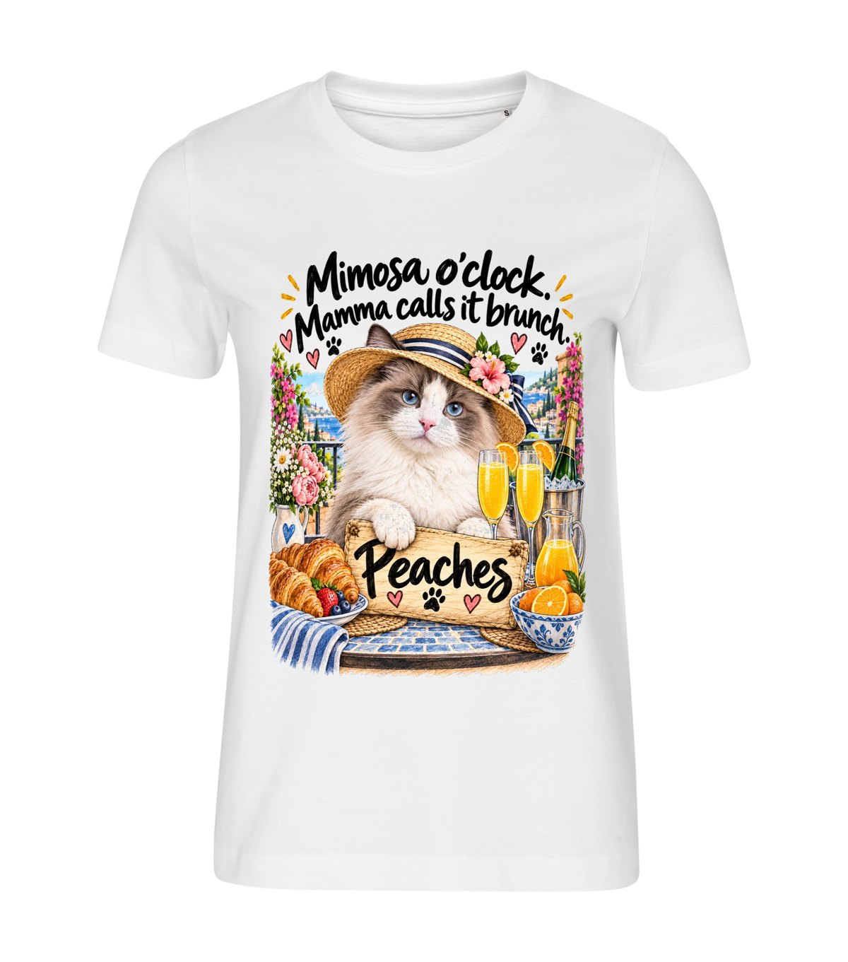 Mimosa O'Clock – women white t-shirt with a cat portrait