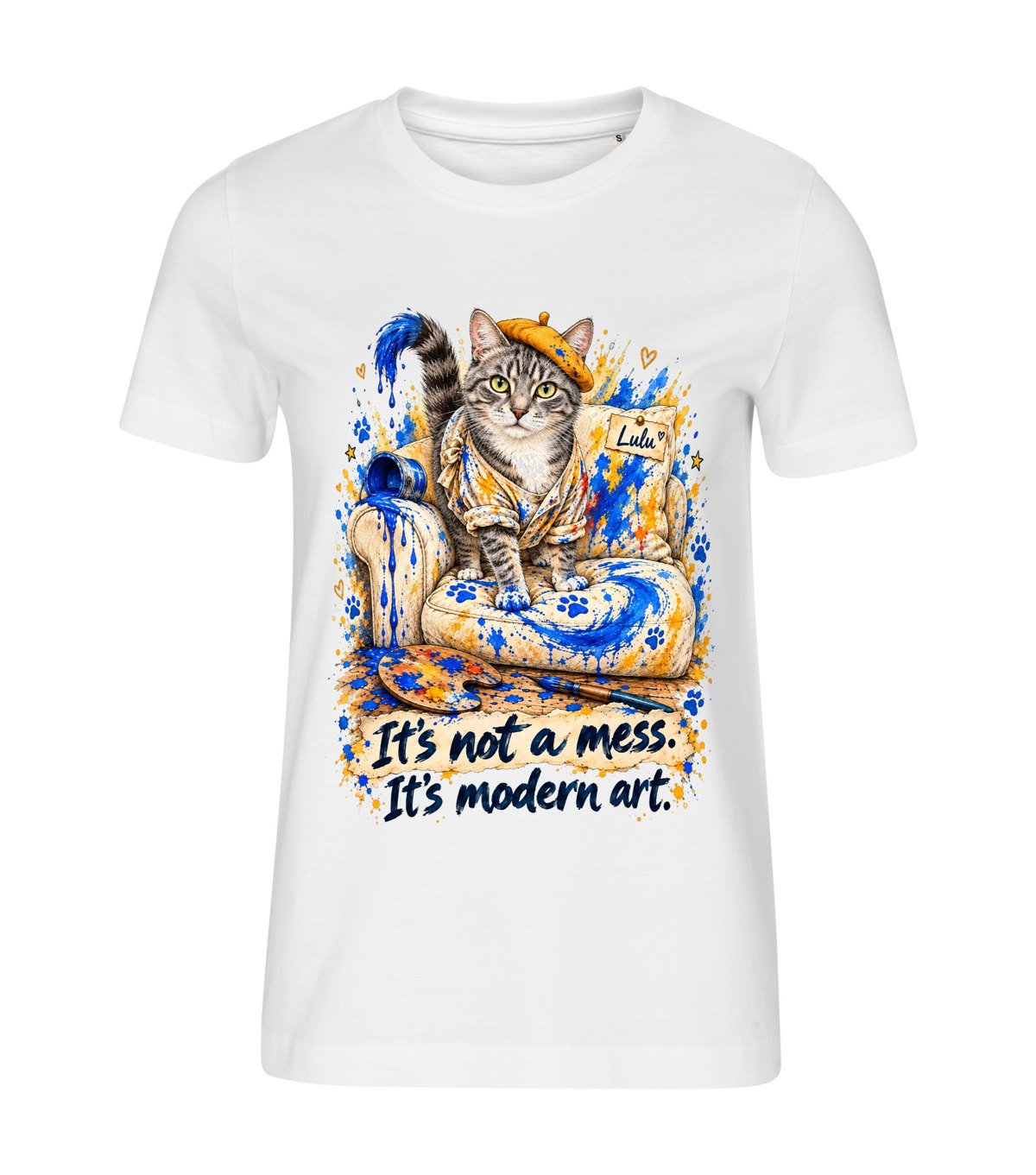 Modern Art – women white t-shirt with a cat portrait
