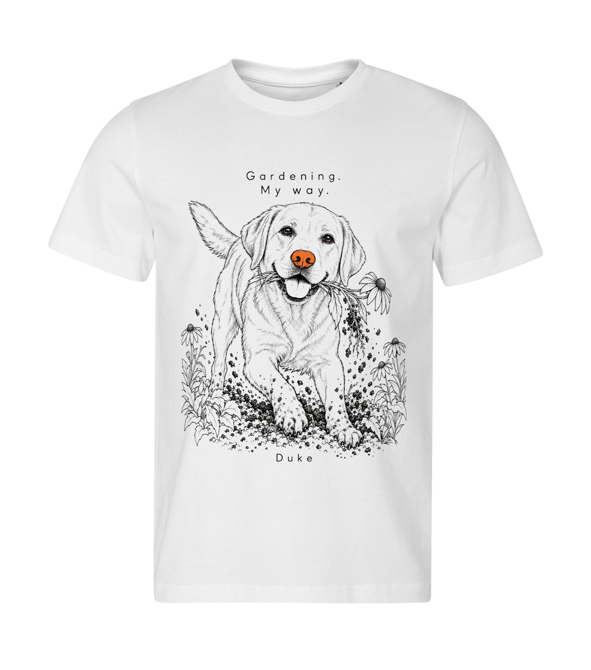 My Way Gardening – men white t-shirt with a dog portrait