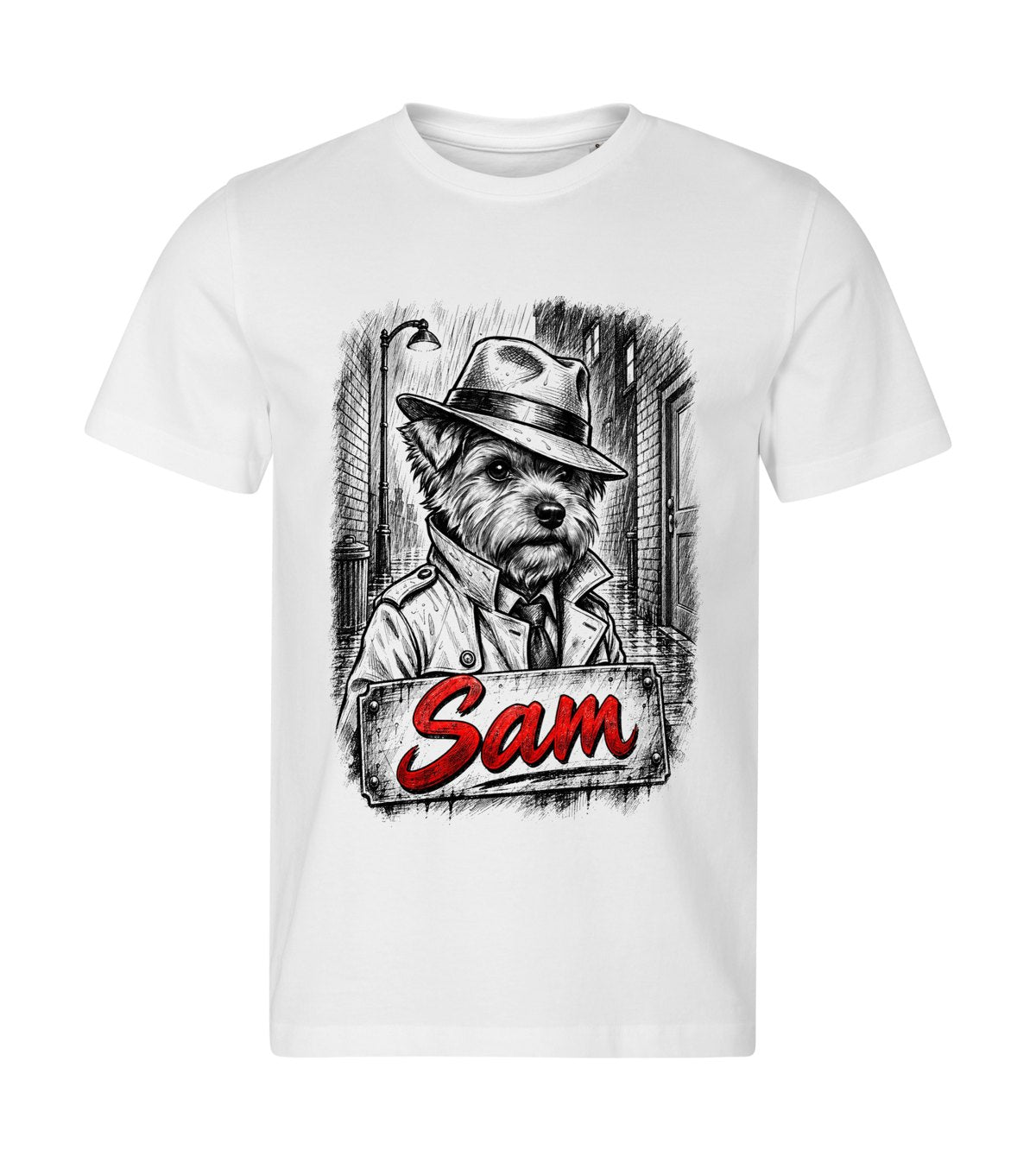 Noir Detective Sketch – men white t-shirt with a dog portrait