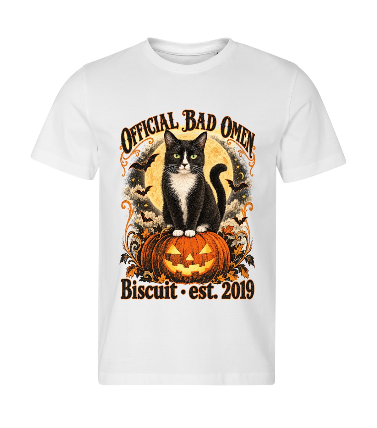 Official Bad Omen – men white t-shirt with a cat portrait
