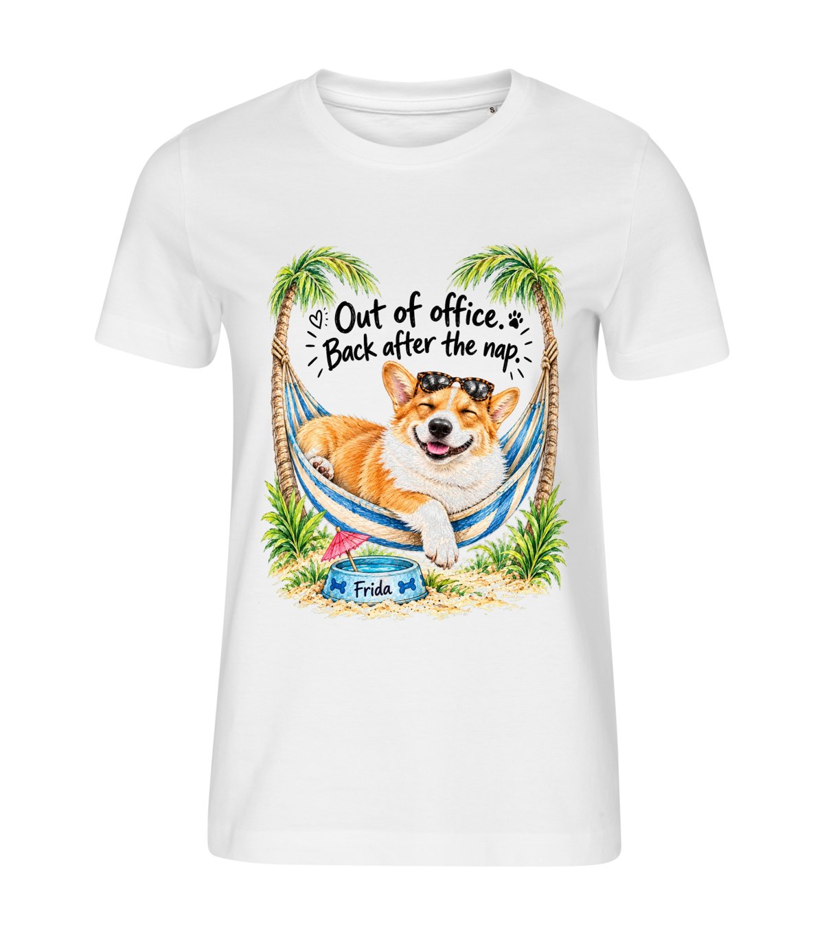 Out of Office – women white t-shirt with a dog portrait