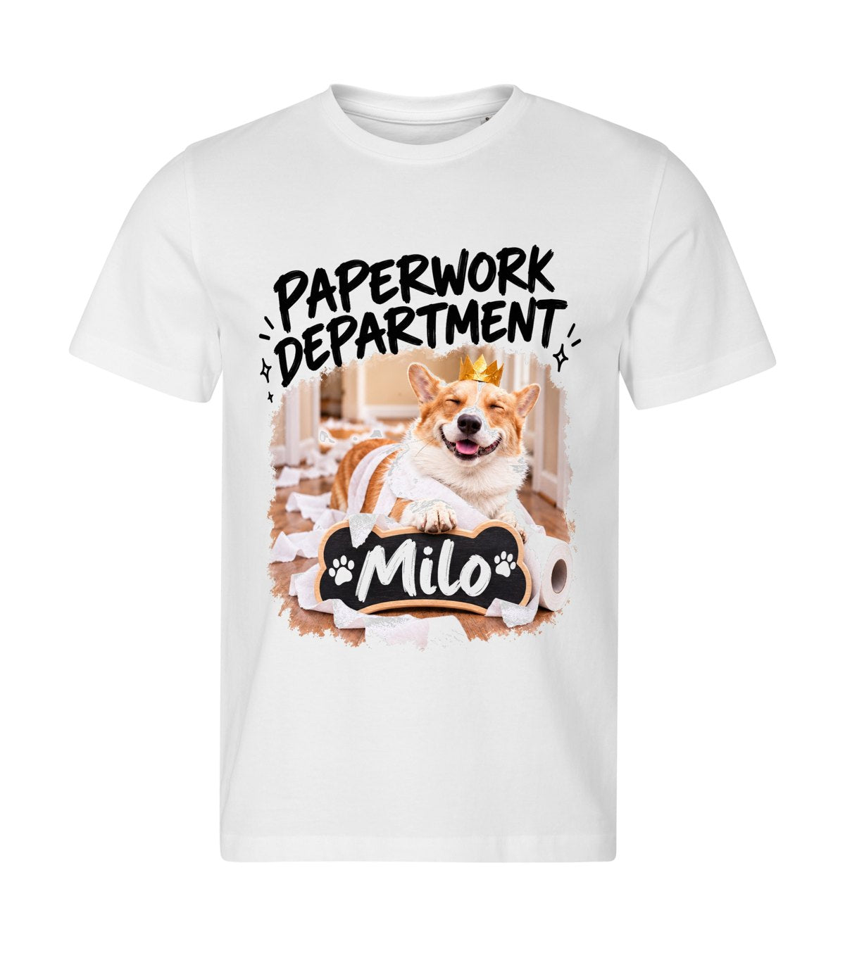 Paperwork Department – men white t-shirt with a dog portrait
