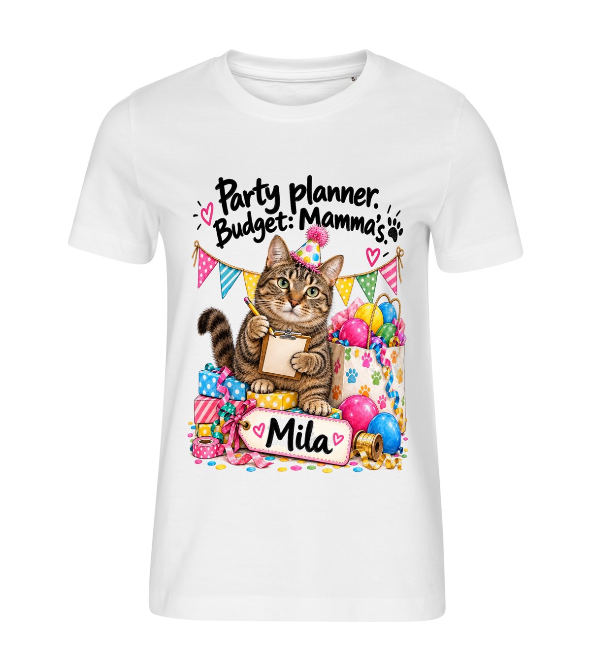 Party Planner – women white t-shirt with a cat portrait