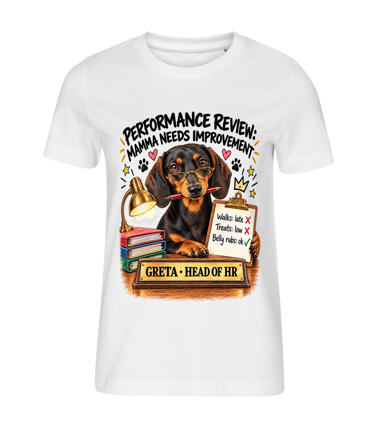 Performance Review – women white t-shirt with a dog portrait