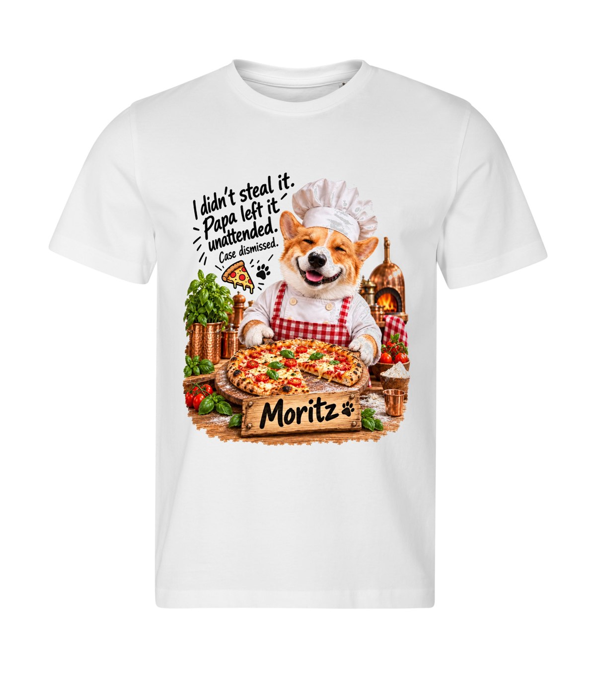 Pizza Thief – men white t-shirt with a dog portrait