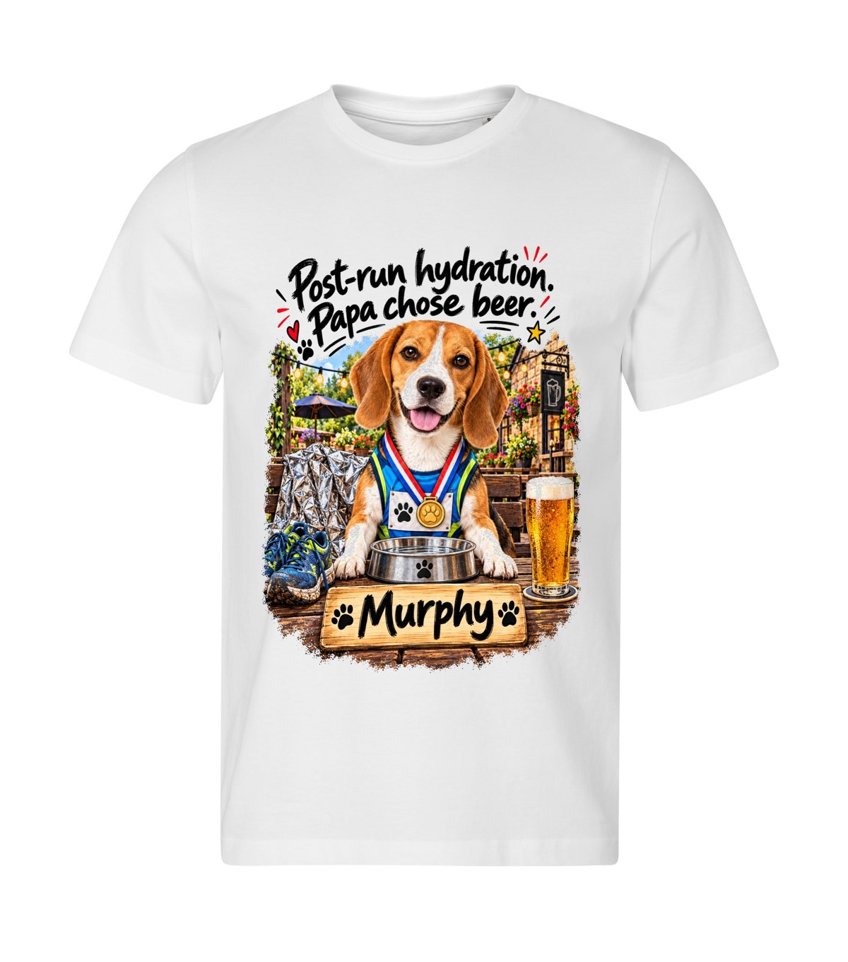 Post-Run Hydration – men white t-shirt with a dog portrait