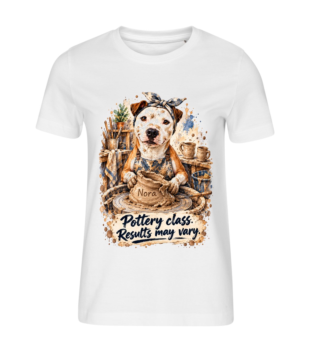 Pottery Class – women white t-shirt with a dog portrait