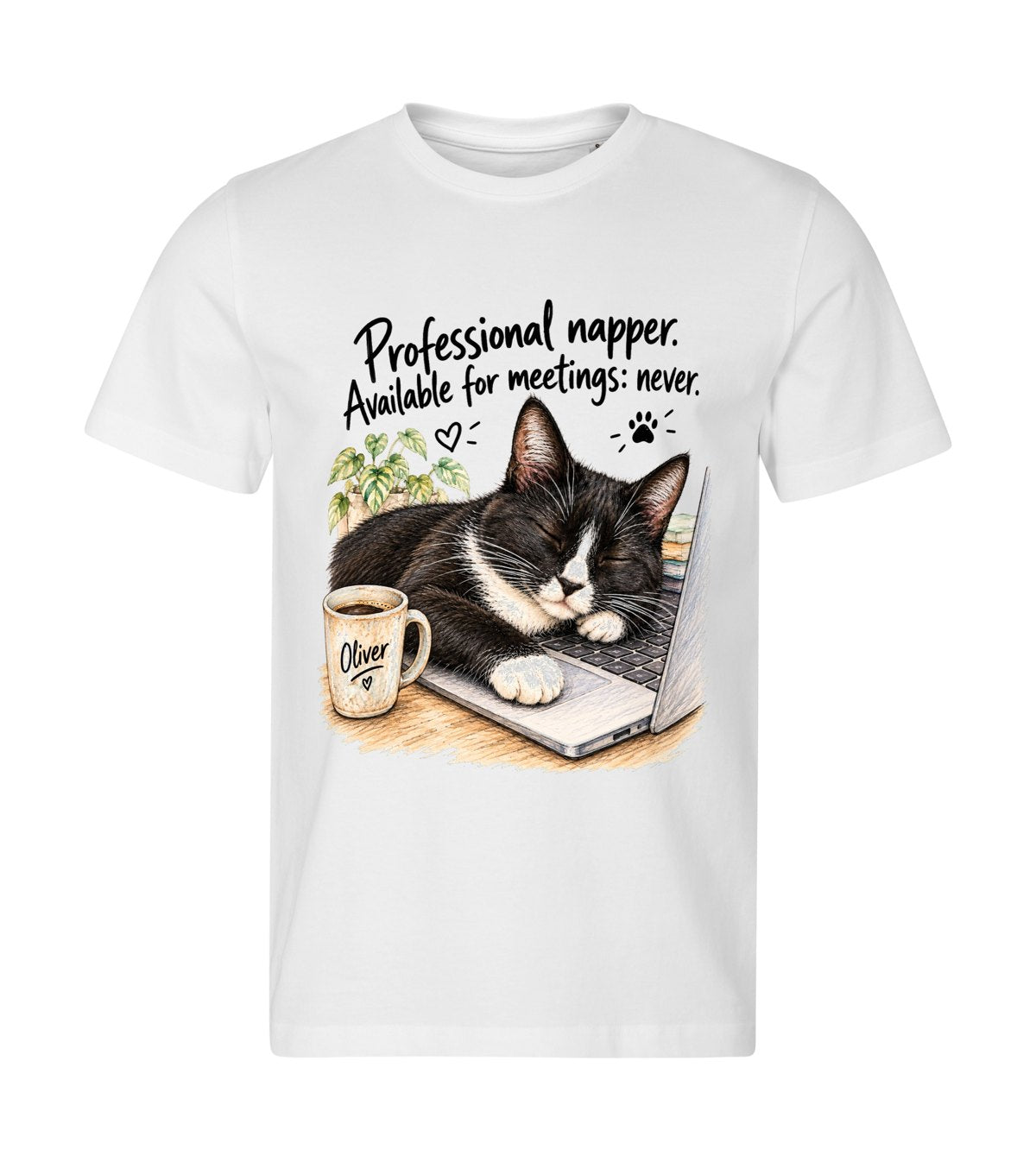 Professional Napper – men white t-shirt with a cat portrait