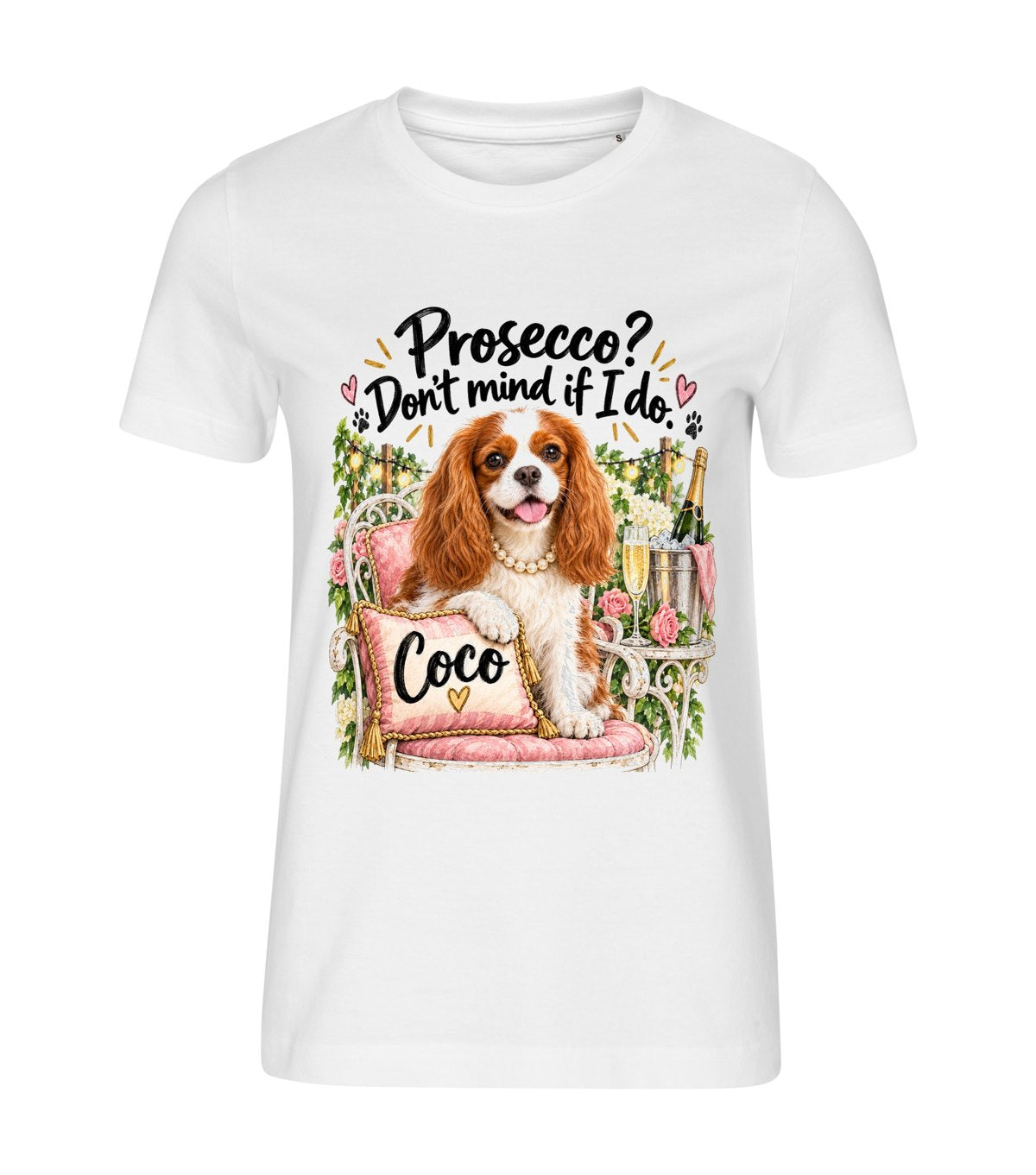 Prosecco – women white t-shirt with a dog portrait
