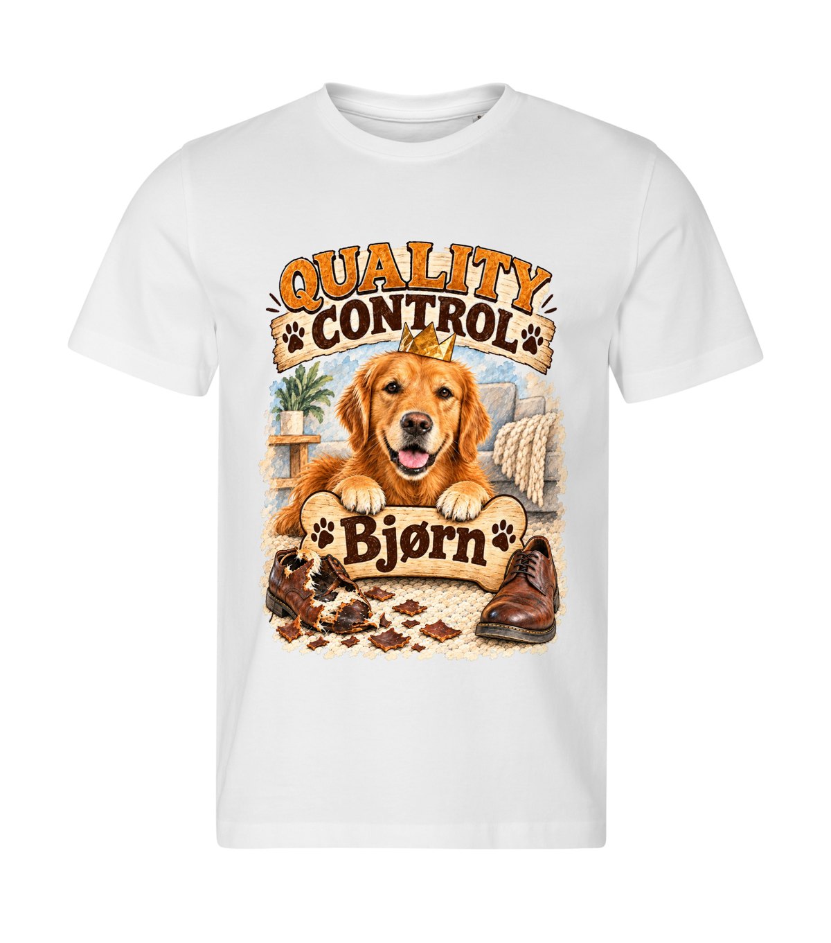 Quality Control – men white t-shirt with a dog portrait