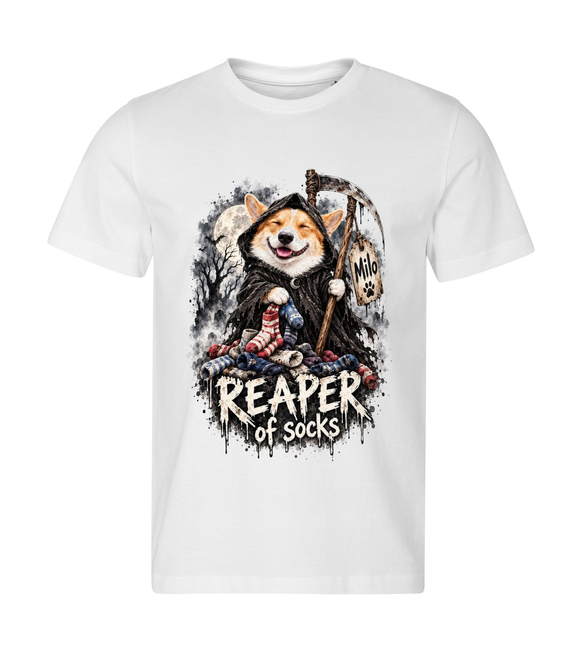 Reaper of Socks – men white t-shirt with a dog portrait