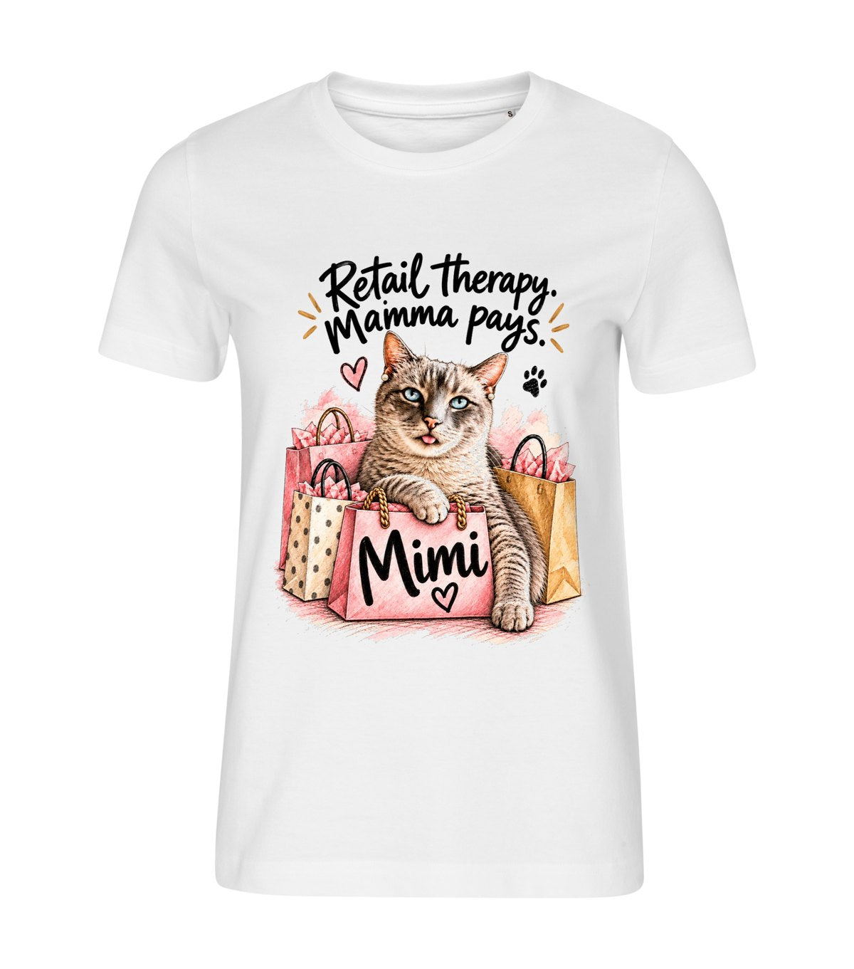 Retail Therapy – women white t-shirt with a cat portrait