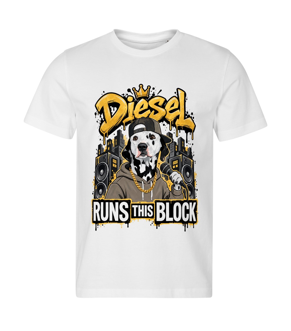 Runs This Block – men white t-shirt with a dog portrait