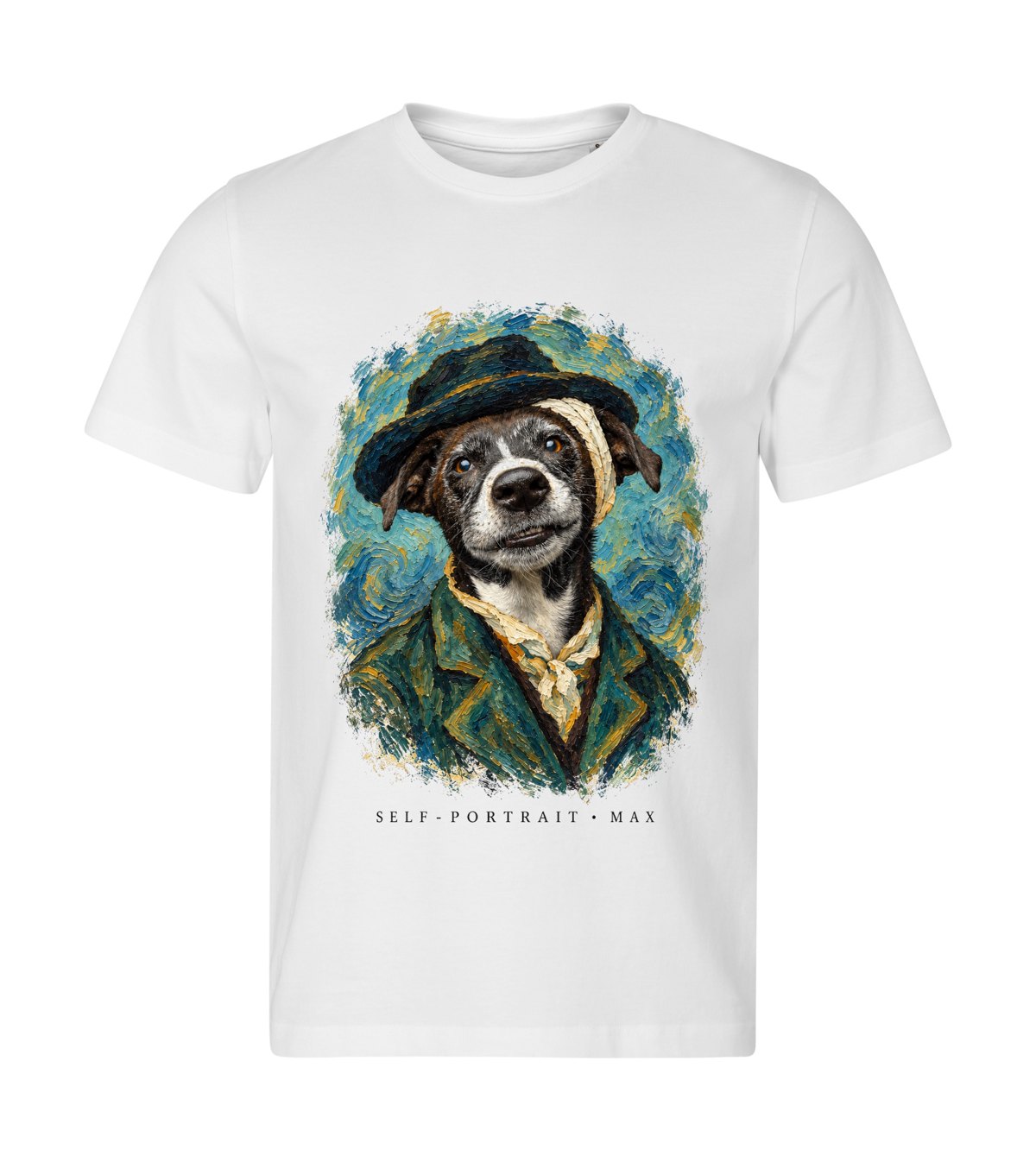 Self-Portrait with Bandage – men white t-shirt with a dog portrait
