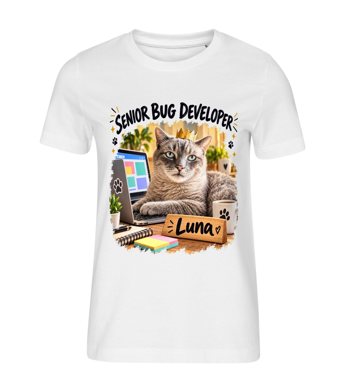 Senior Bug Developer – women white t-shirt with a cat portrait