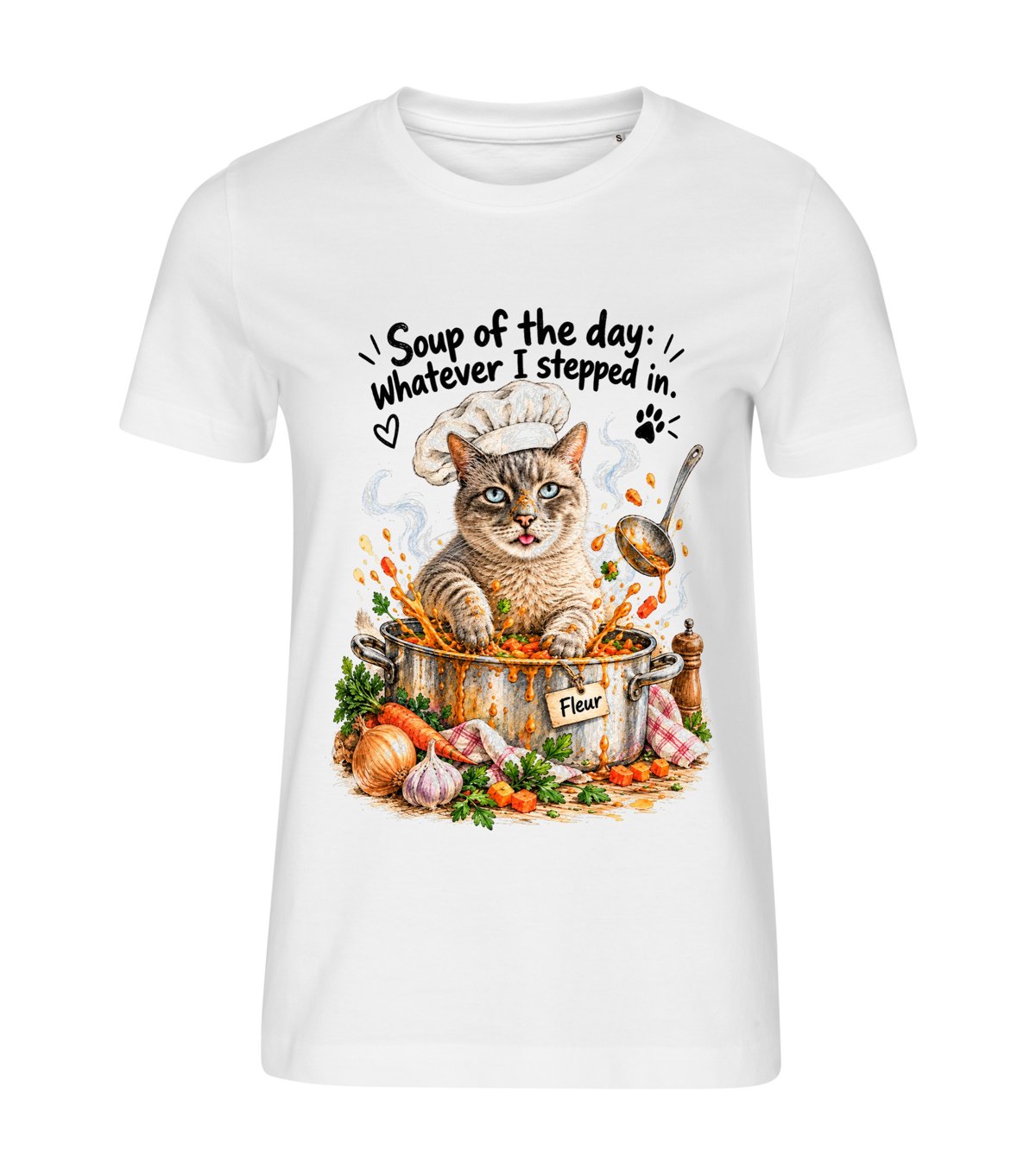 Soup of the Day – women white t-shirt with a cat portrait