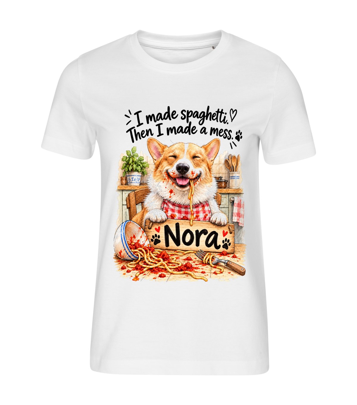 Spaghetti Night – women white t-shirt with a dog portrait