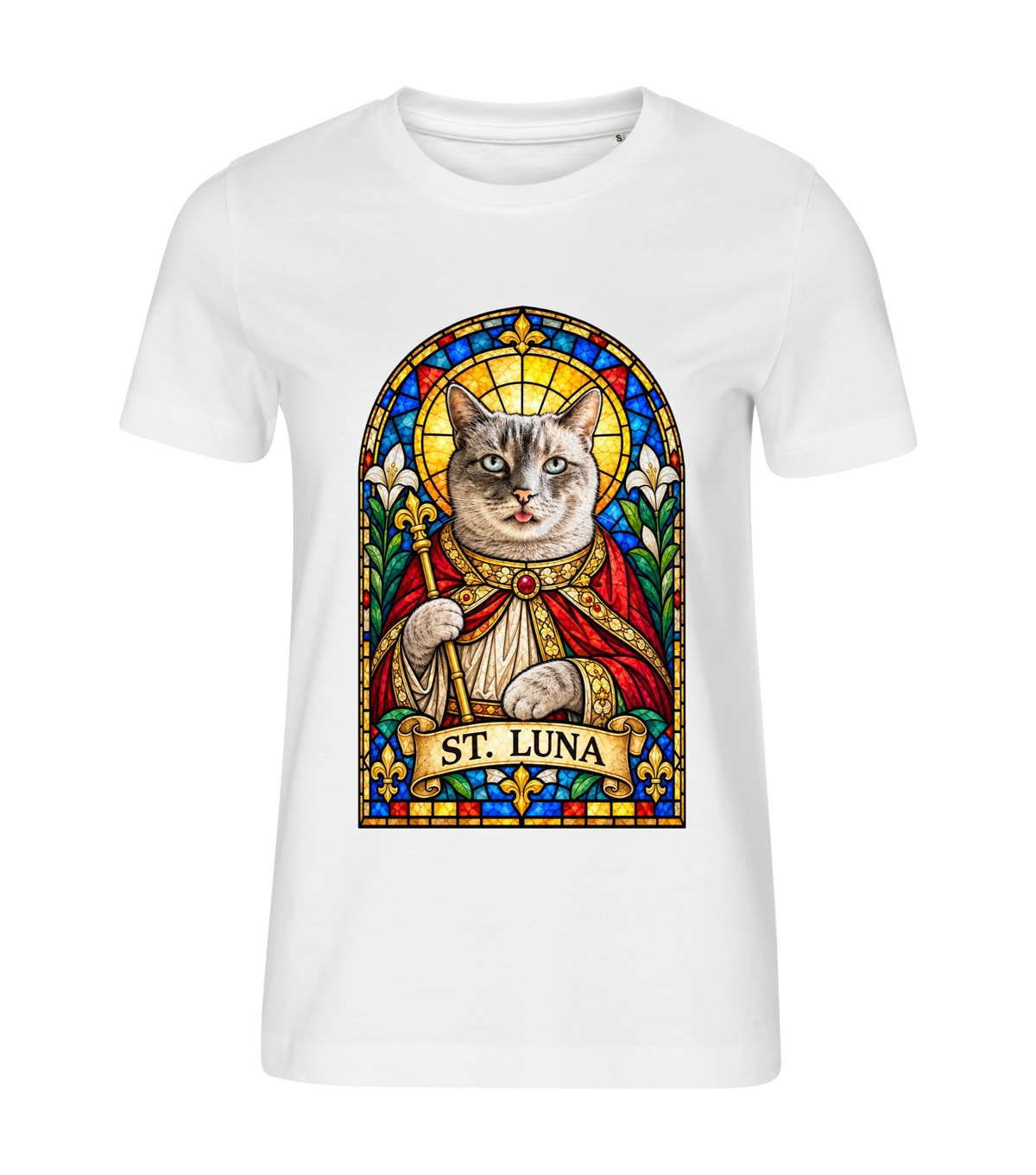 Stained Glass Saint – women white t-shirt with a cat portrait