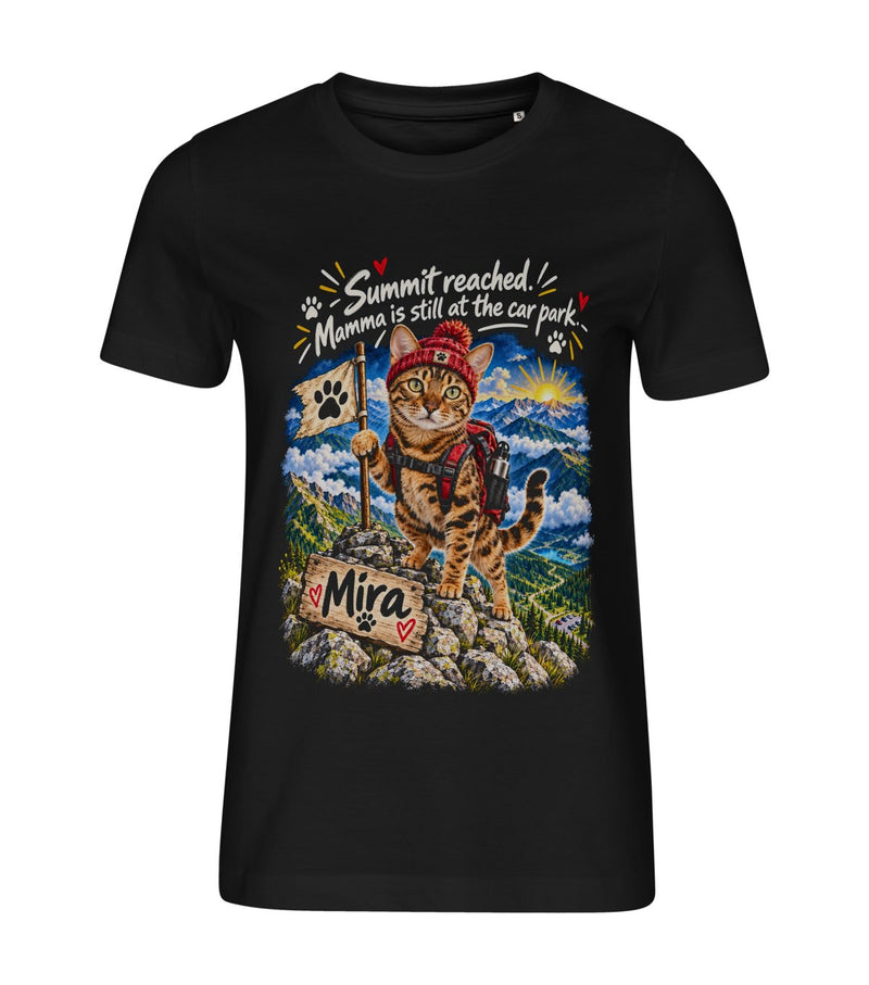 Summit – women black t-shirt with a cat portrait