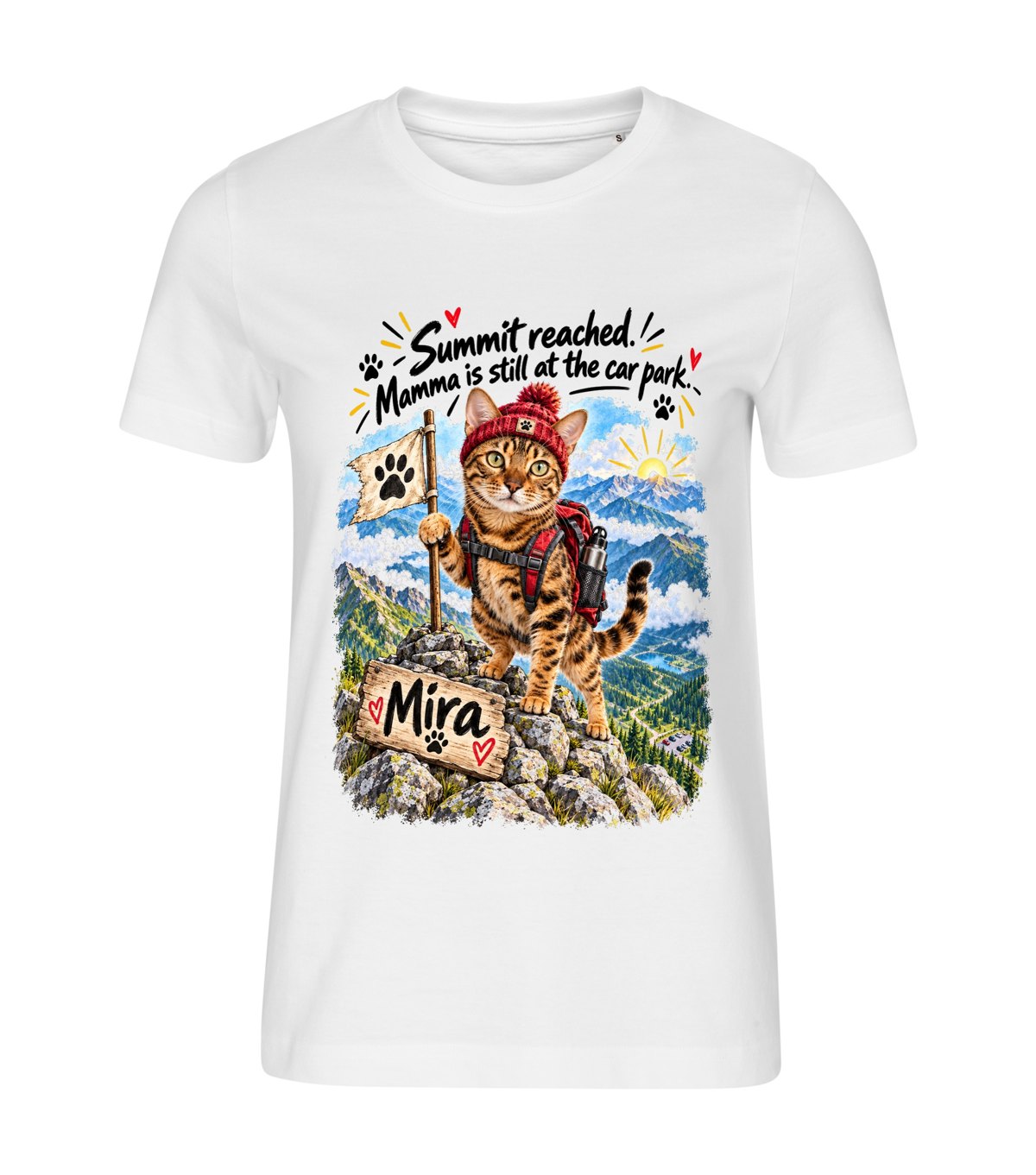 Summit – women white t-shirt with a cat portrait