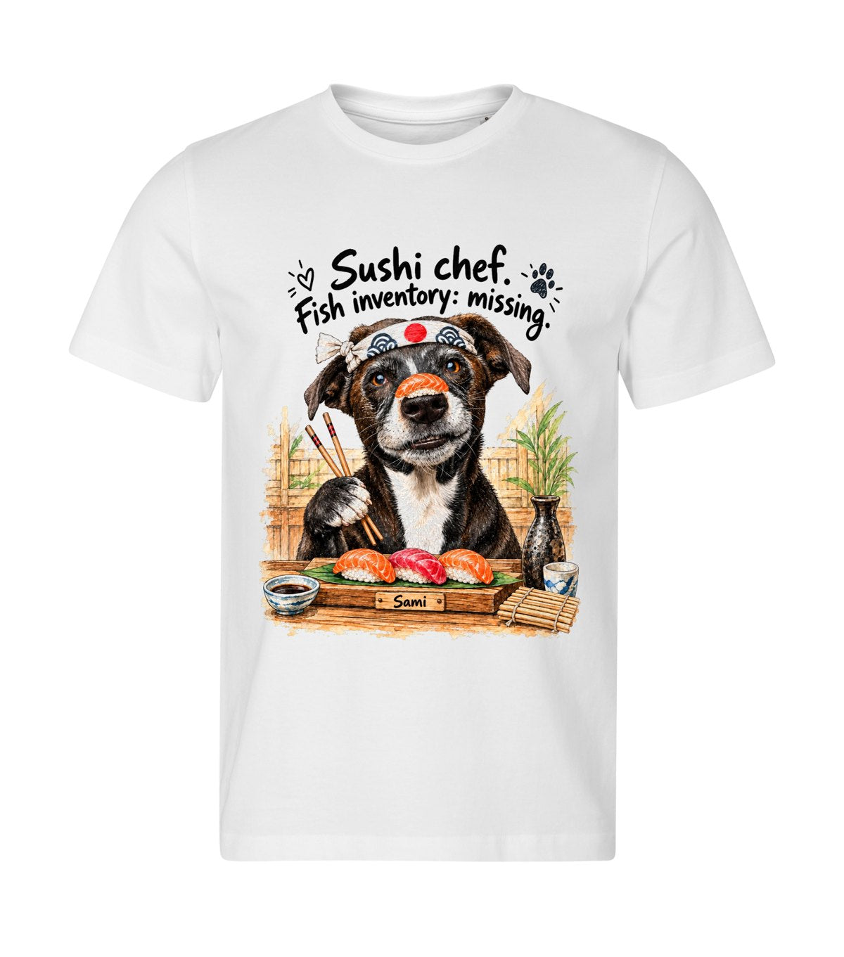 Sushi Chef – men white t-shirt with a dog portrait
