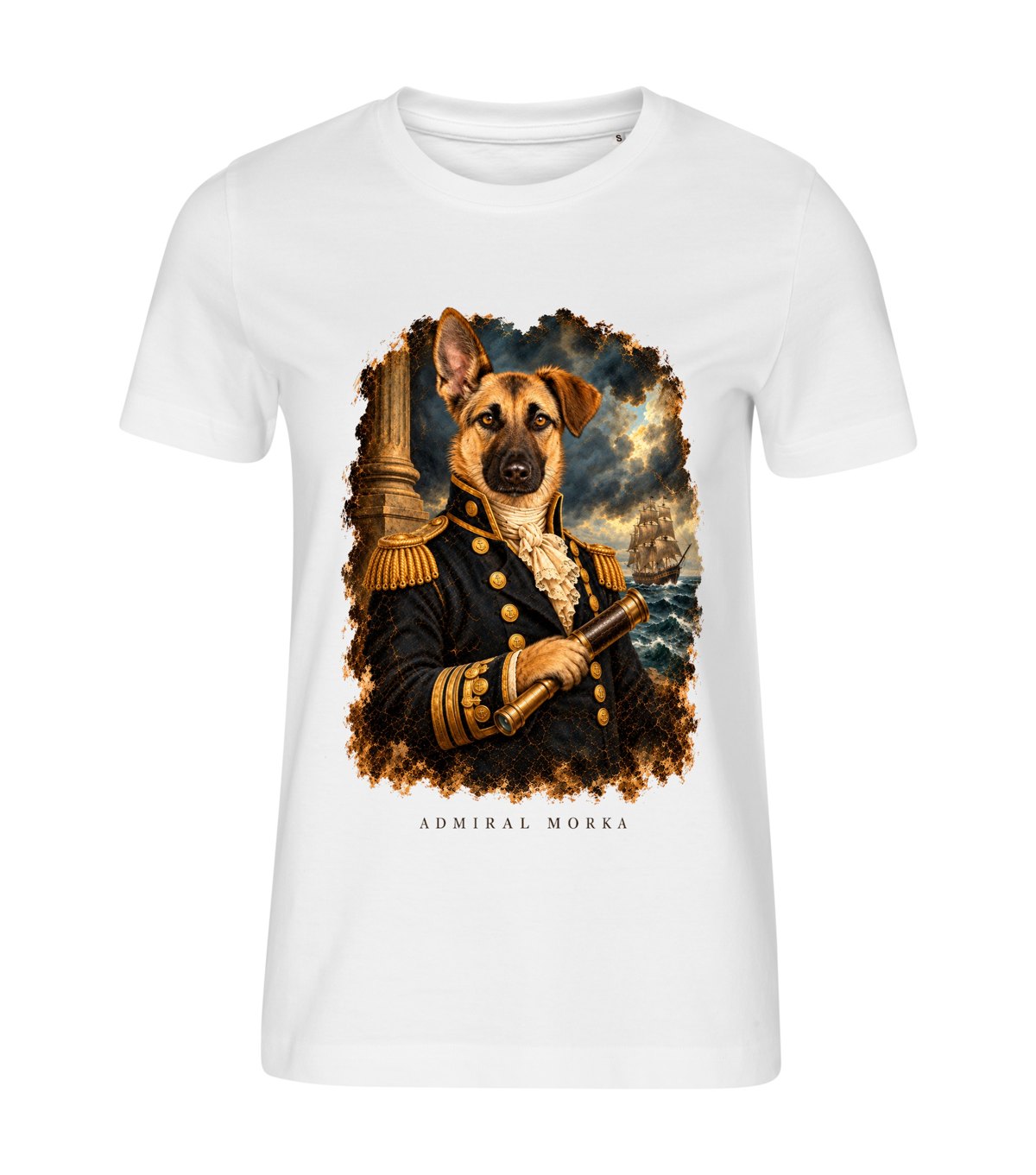 The Admiral – women white t-shirt with a dog portrait