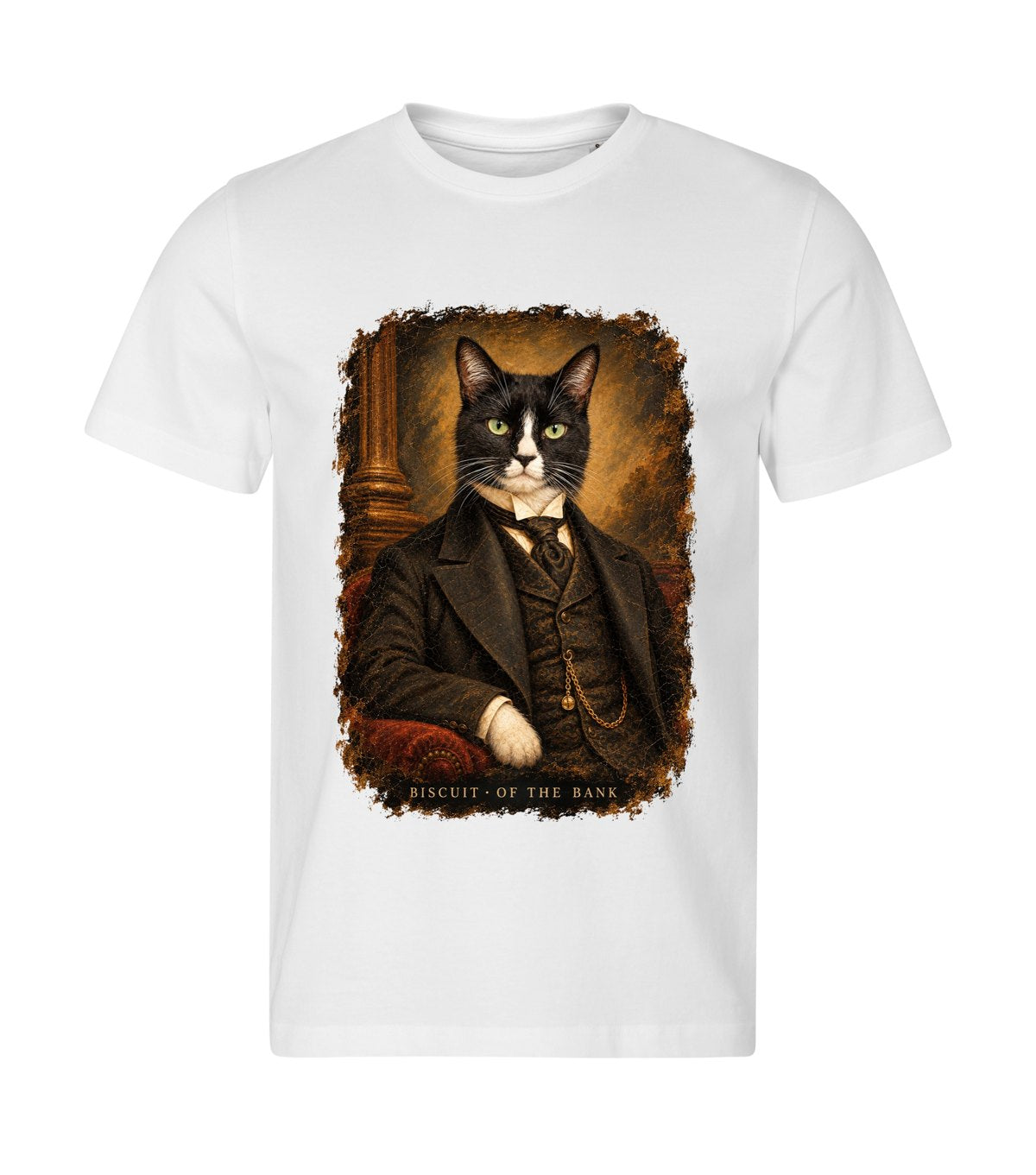 The Banker – men white t-shirt with a cat portrait