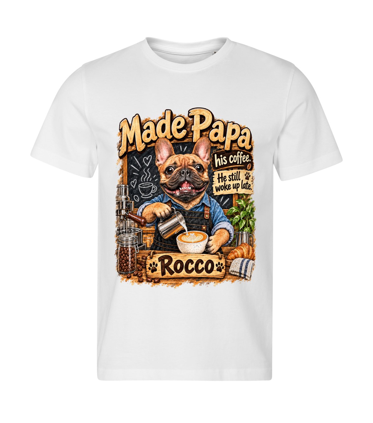 The Barista – men white t-shirt with a dog portrait