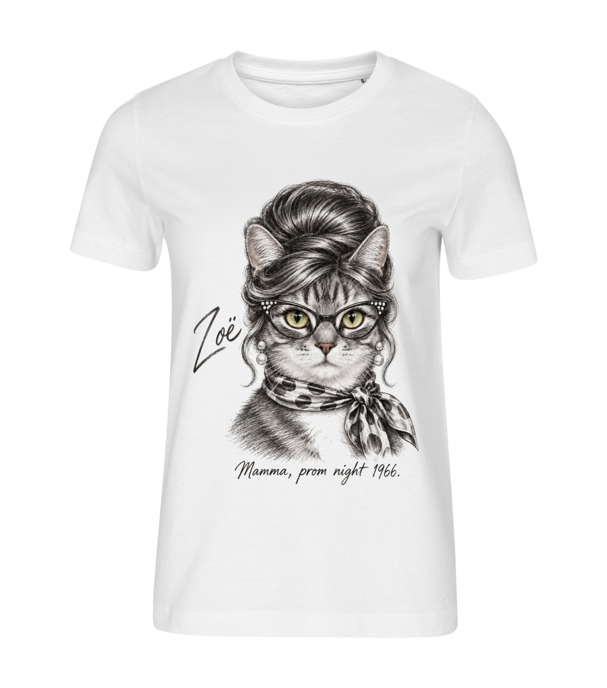 The Beehive – women white t-shirt with a cat portrait