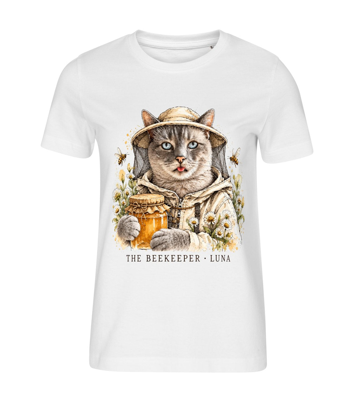 The Beekeeper – women white t-shirt with a cat portrait