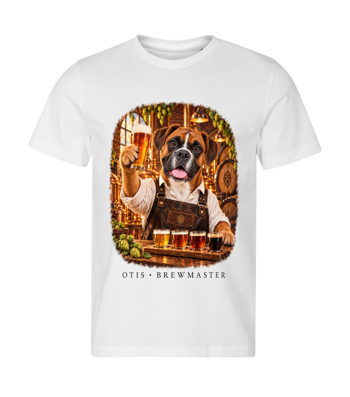 The Brewmaster – men white t-shirt with a dog portrait