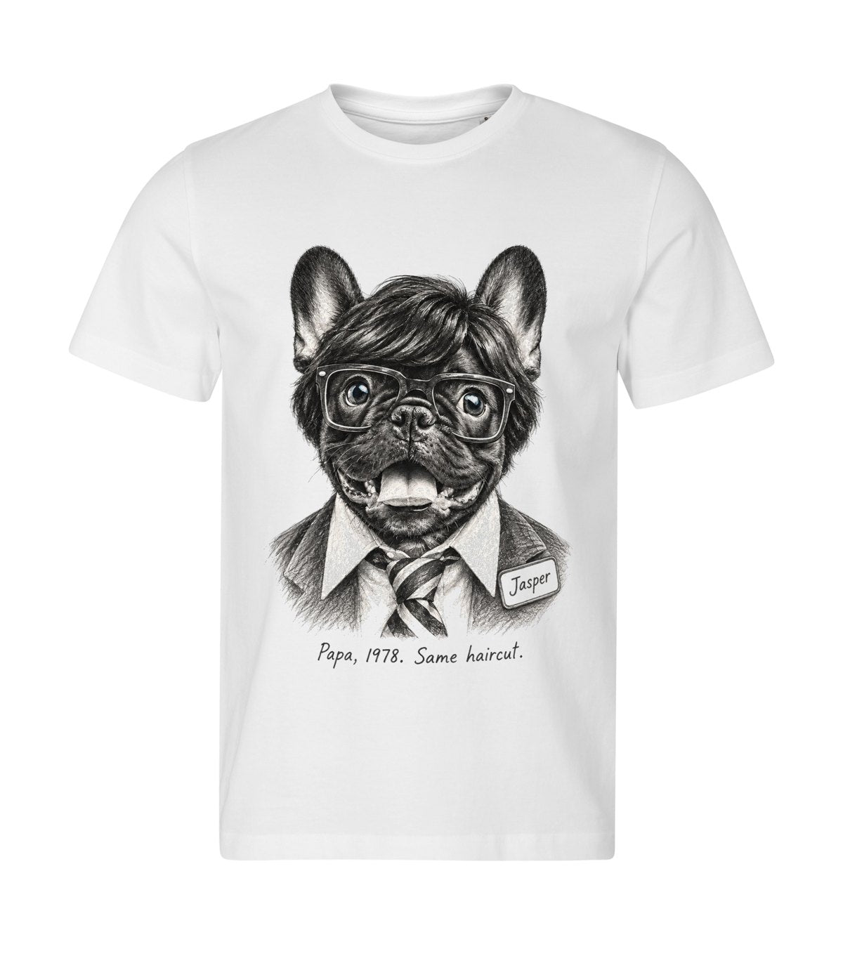 The Clerk – men white t-shirt with a dog portrait