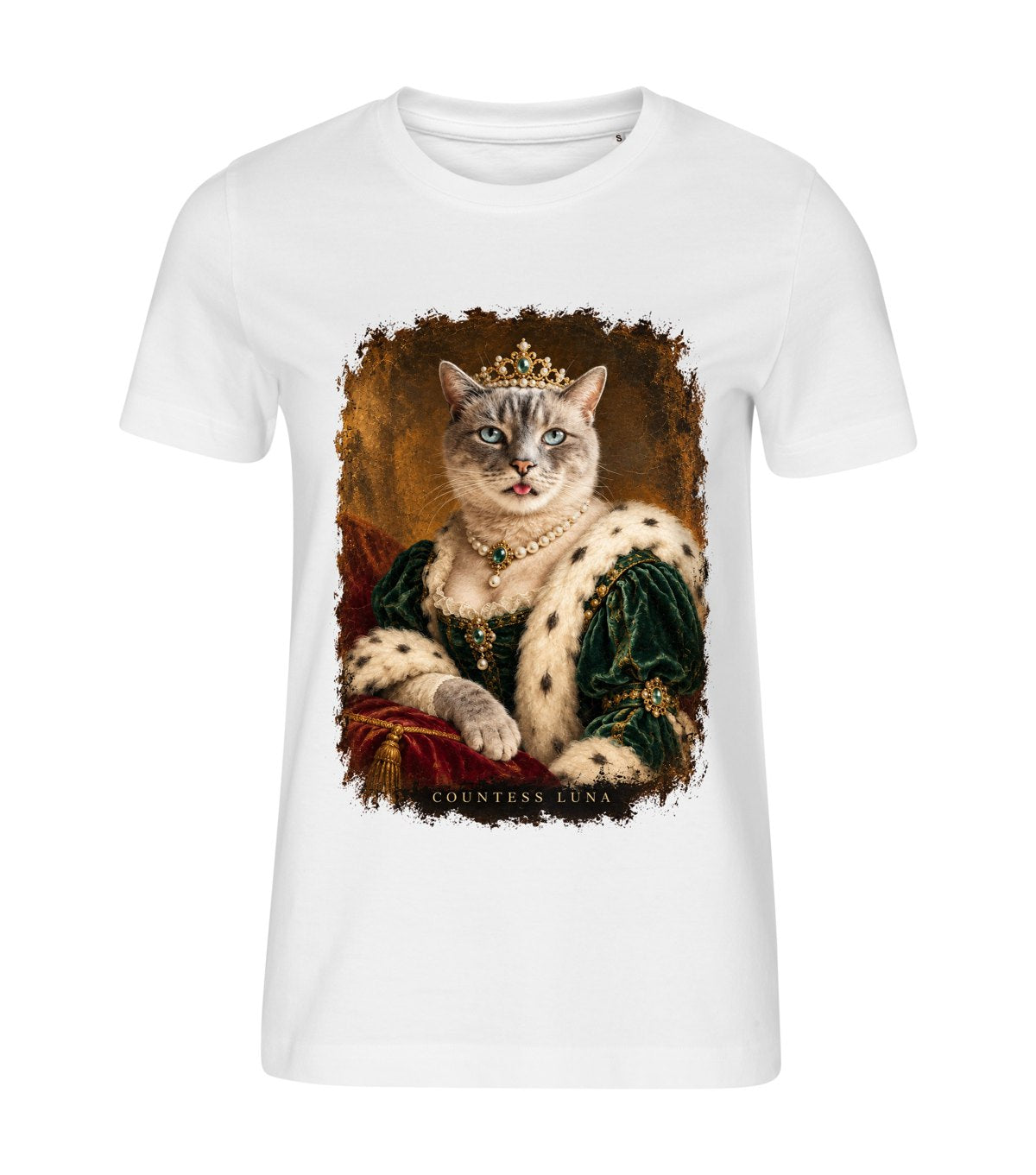 The Countess – women white t-shirt with a cat portrait