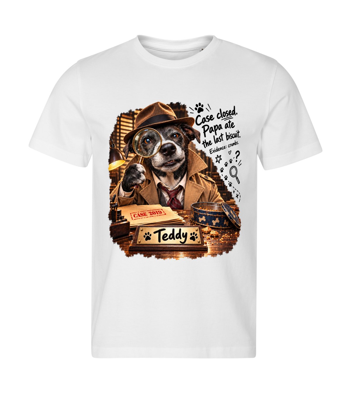 The Detective – men white t-shirt with a dog portrait