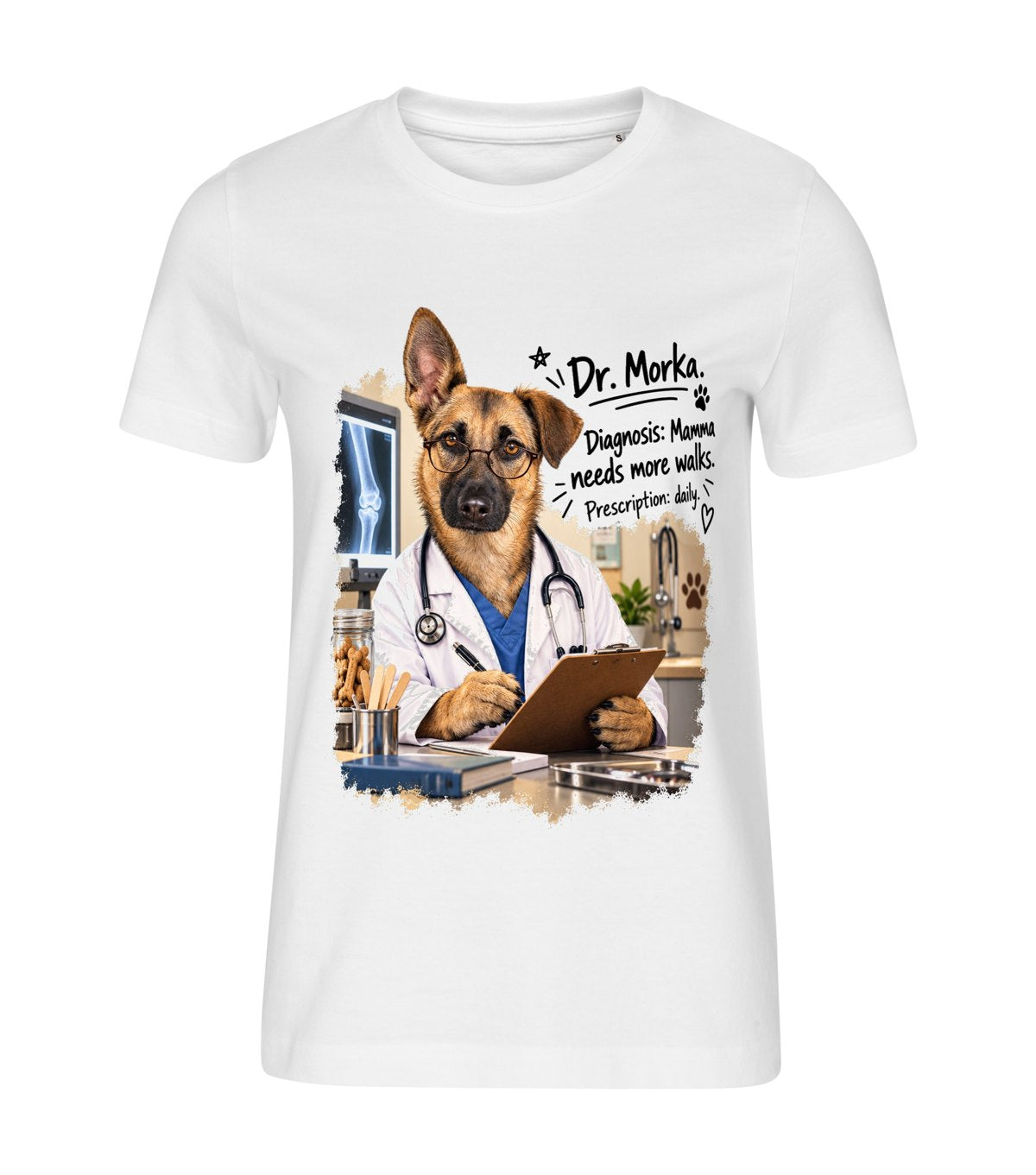 The Doctor – women white t-shirt with a dog portrait
