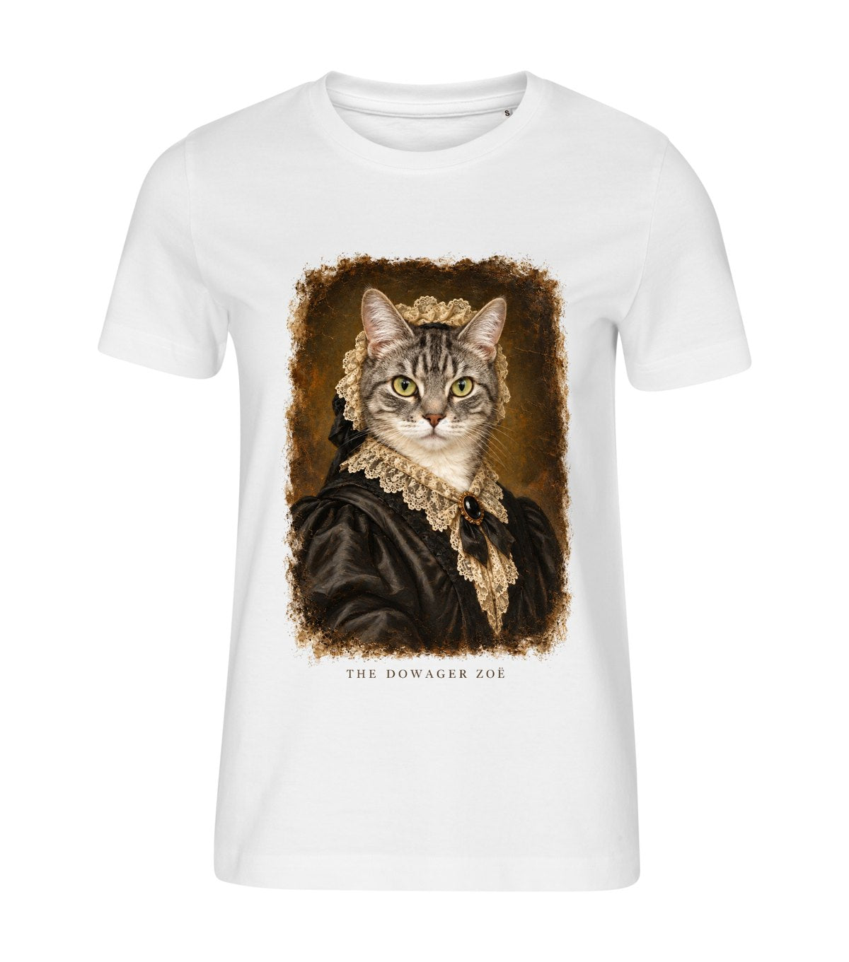 The Dowager – women white t-shirt with a cat portrait