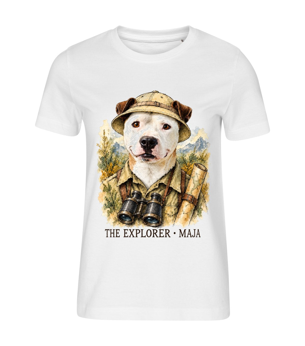 The Explorer – women white t-shirt with a dog portrait