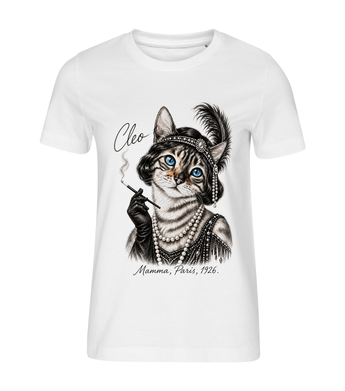 The Flapper – women white t-shirt with a cat portrait