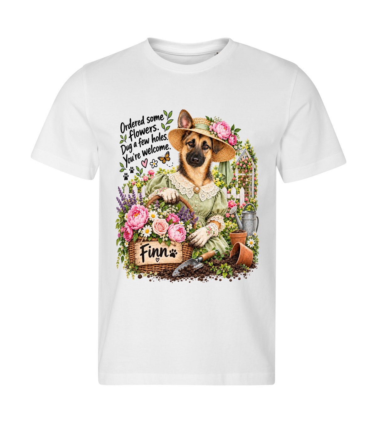 The Gardener – men white t-shirt with a dog portrait